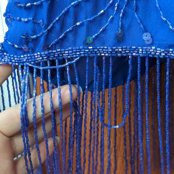 Vintage 80s Blue Sequin & Beaded Fringe Party Dress - Picture 8 of 10